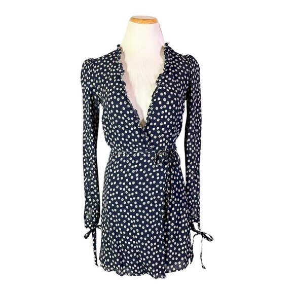 Reformation Dresses & Skirts - Reformation Size XS Daisy Print Wrap Mini Dress Sash Tie Navy Blue White